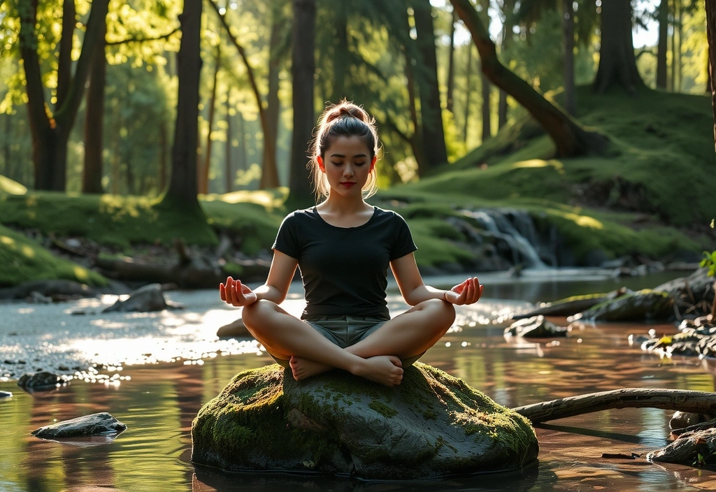 Persoană meditând într-un cadru natural liniștit, simbolizând echilibrul mental și fizic.