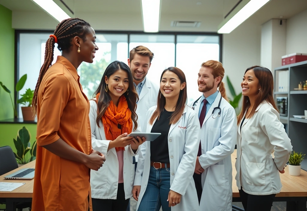 Imagine a echipei Nutrivitalfi zâmbind, o combinație diversă de experți în nutriție, oameni de știință și personal de suport, într-un mediu modern și luminos, sugerând colaborare și expertiză.