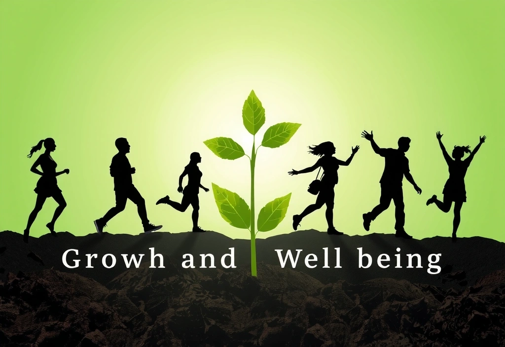 Imagine simbolică a creșterii și bunăstării, cu o plantă verde care crește dintr-un sol fertil, înconjurată de raze de lumină și siluete stilizate de oameni fericiți. Culorile sunt vibrante și pline de speranță.