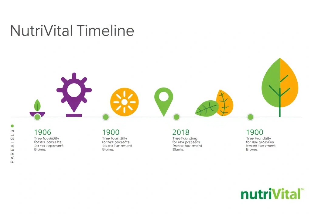 O reprezentare vizuală a unui timeline stilizat, cu puncte cheie marcate, ilustrând evoluția companiei Nutrivitalfi de la înființare până în prezent. Design modern, cu elemente de creștere și progres.