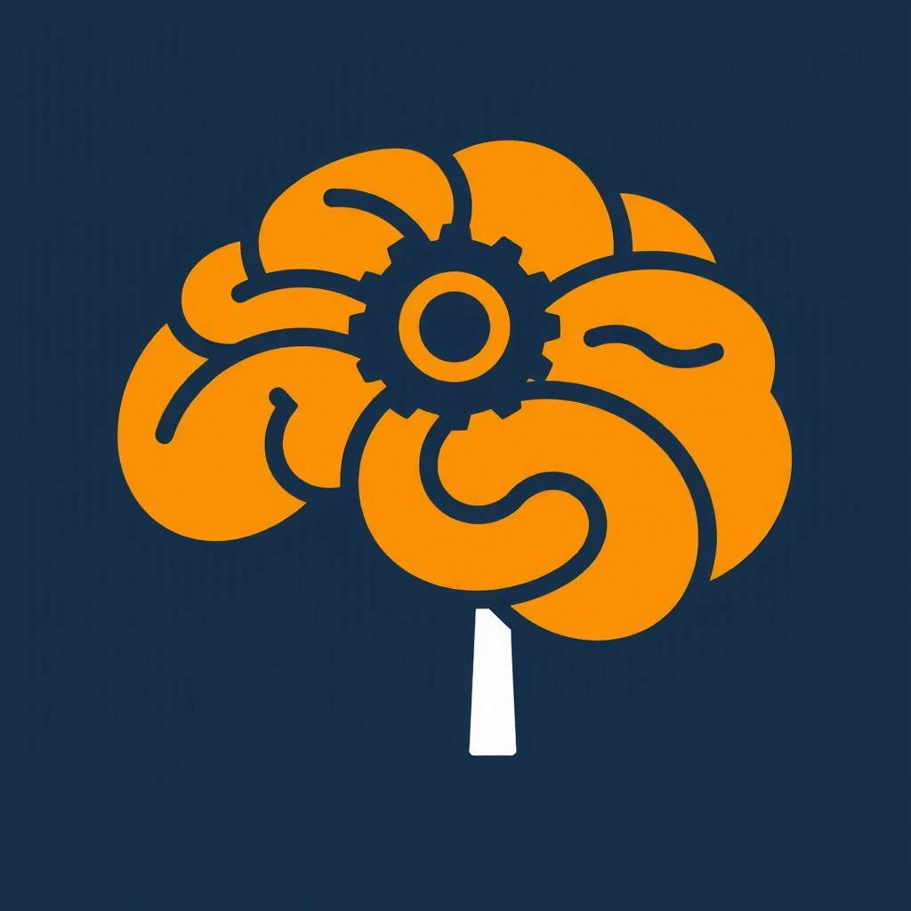 Pictogramă a unui creier stilizat cu o roată dințată, reprezentând inovația și cercetarea.