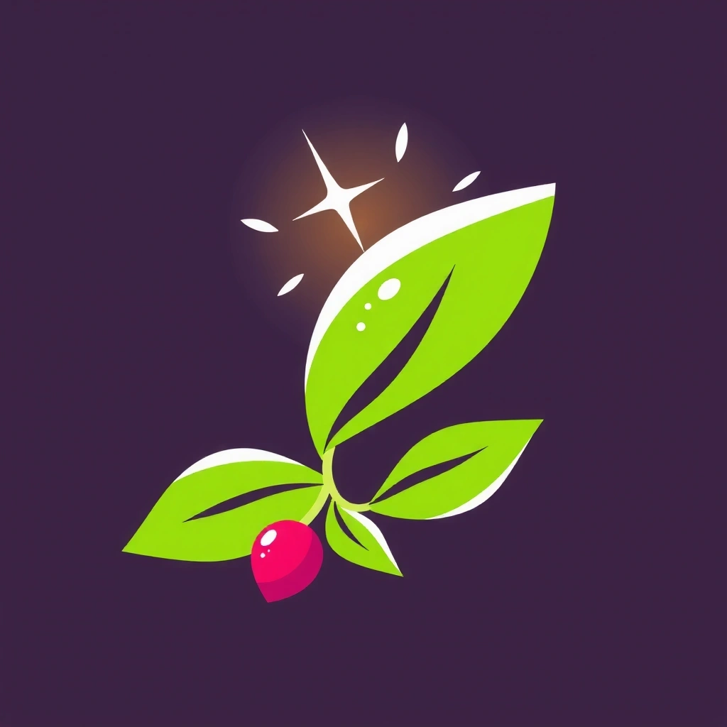 Pictogramă stilizată a unui ingredient natural, cum ar fi o frunză verde sau o boabă de fruct, cu o aură strălucitoare în jurul său, simbolizând puritatea și originea naturală.