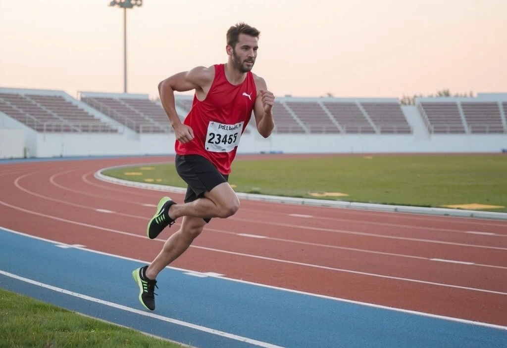 Bărbat activ alergând pe o pistă de atletism