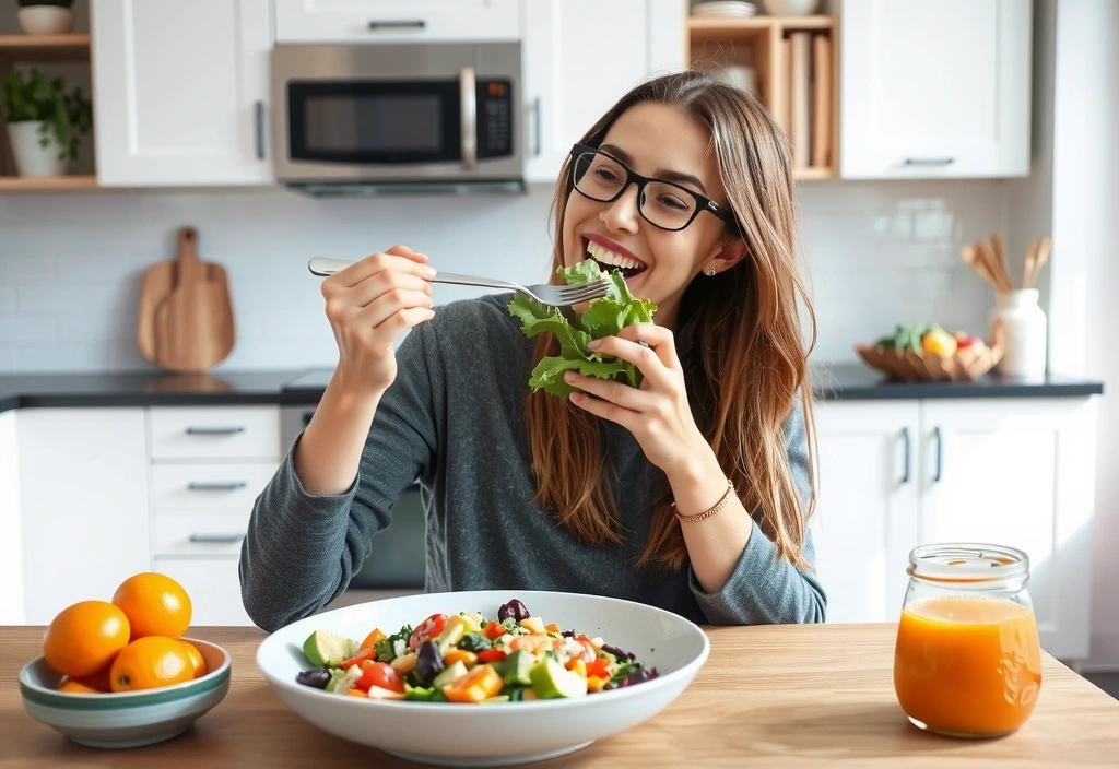 Femeie zâmbind, mâncând o salată proaspătă