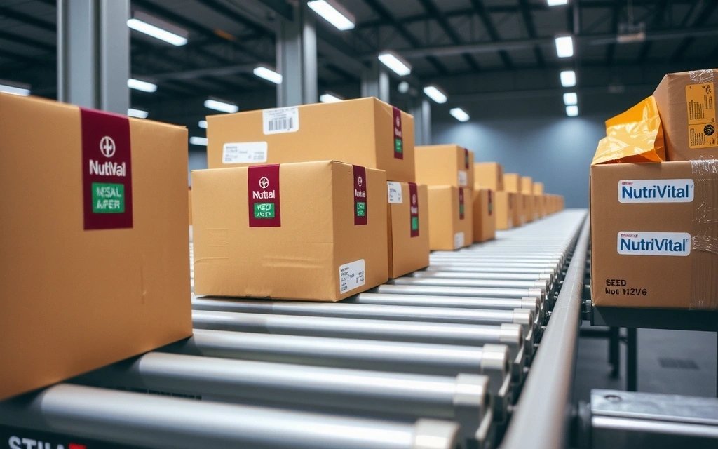 Cutii de livrare sigilate, pe o bandă transportoare, simbolizând procesul eficient de livrare a produselor Nutrivitalfi